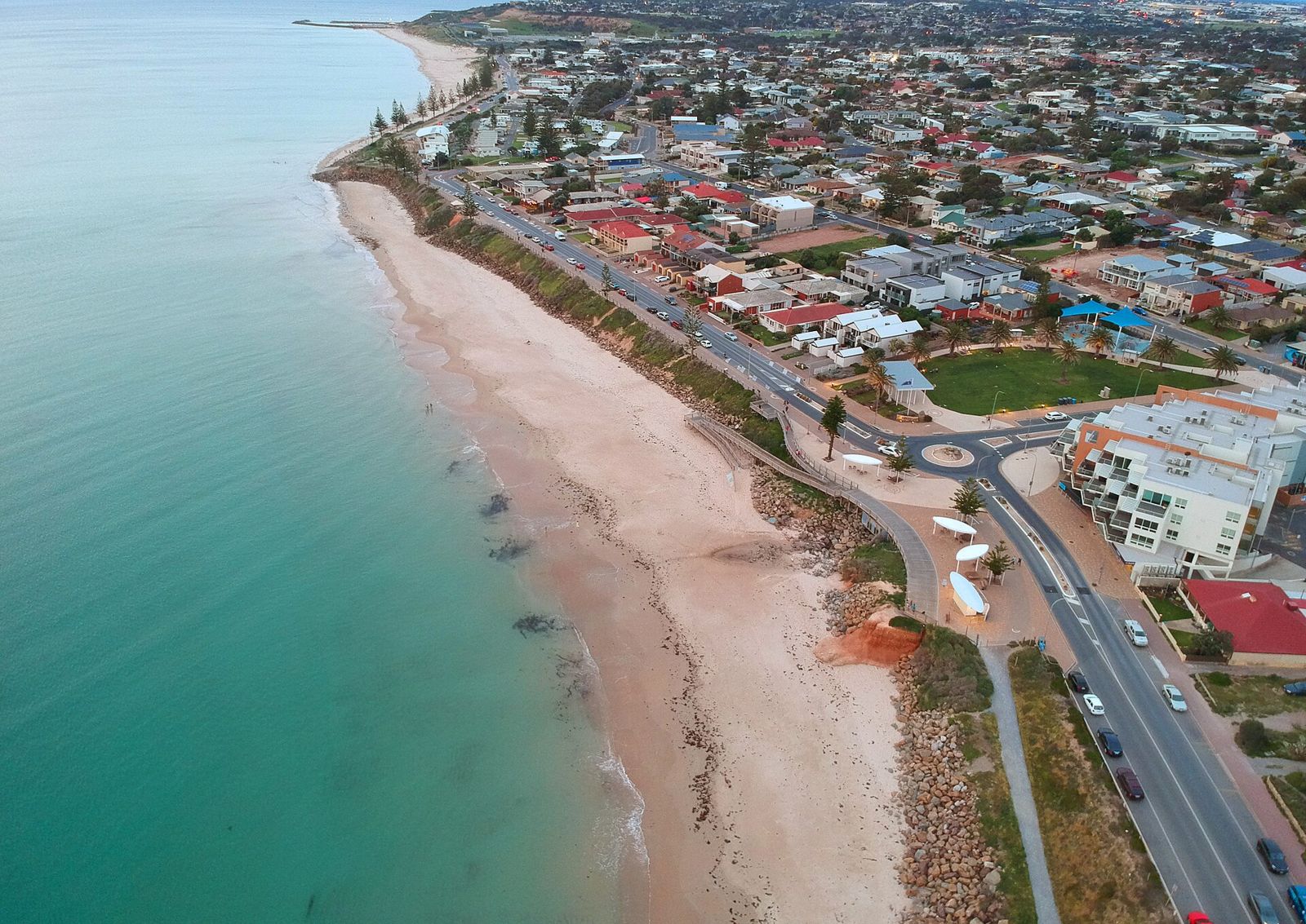 Aerial photo looking along the sand at Christies Beach.
